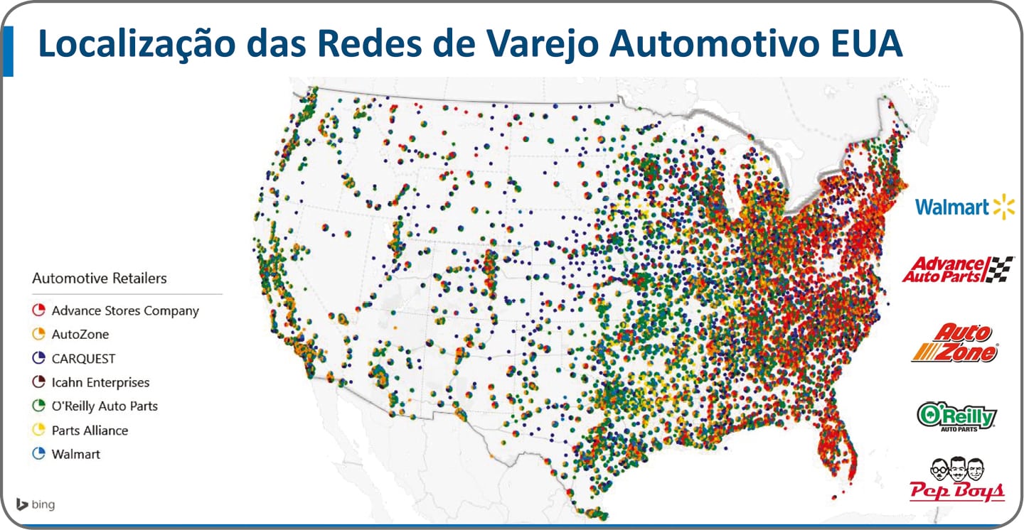 Localização das Redes de Varejo Automotivo nos Estados Unidos. Destaques para as redes Walmart, Advance Auto Parts, AutoZone, O'Reilly e Pep Boys.