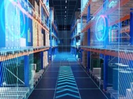 Futuristic warehouse. Innovative place for storing goods. Retail warehouse with virtual screens.