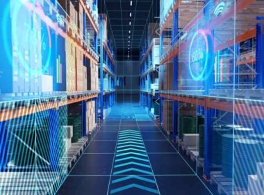 Futuristic warehouse. Innovative place for storing goods. Retail warehouse with virtual screens.