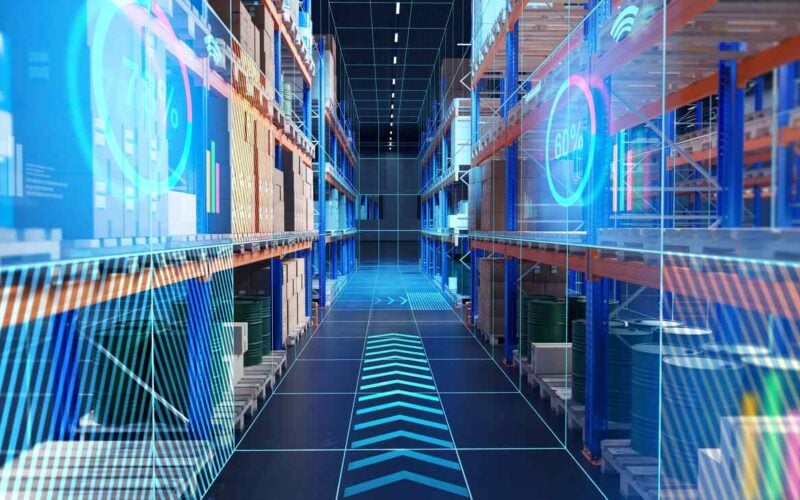 Futuristic warehouse. Innovative place for storing goods. Retail warehouse with virtual screens.